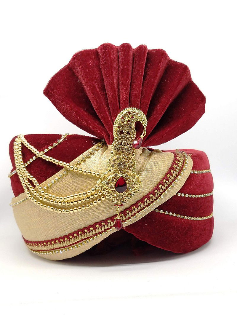 Dark Red And Cream Safa Vol 2 Brocade Lining With Velvet With Less Wedding Wear Mens Collection Safa 28